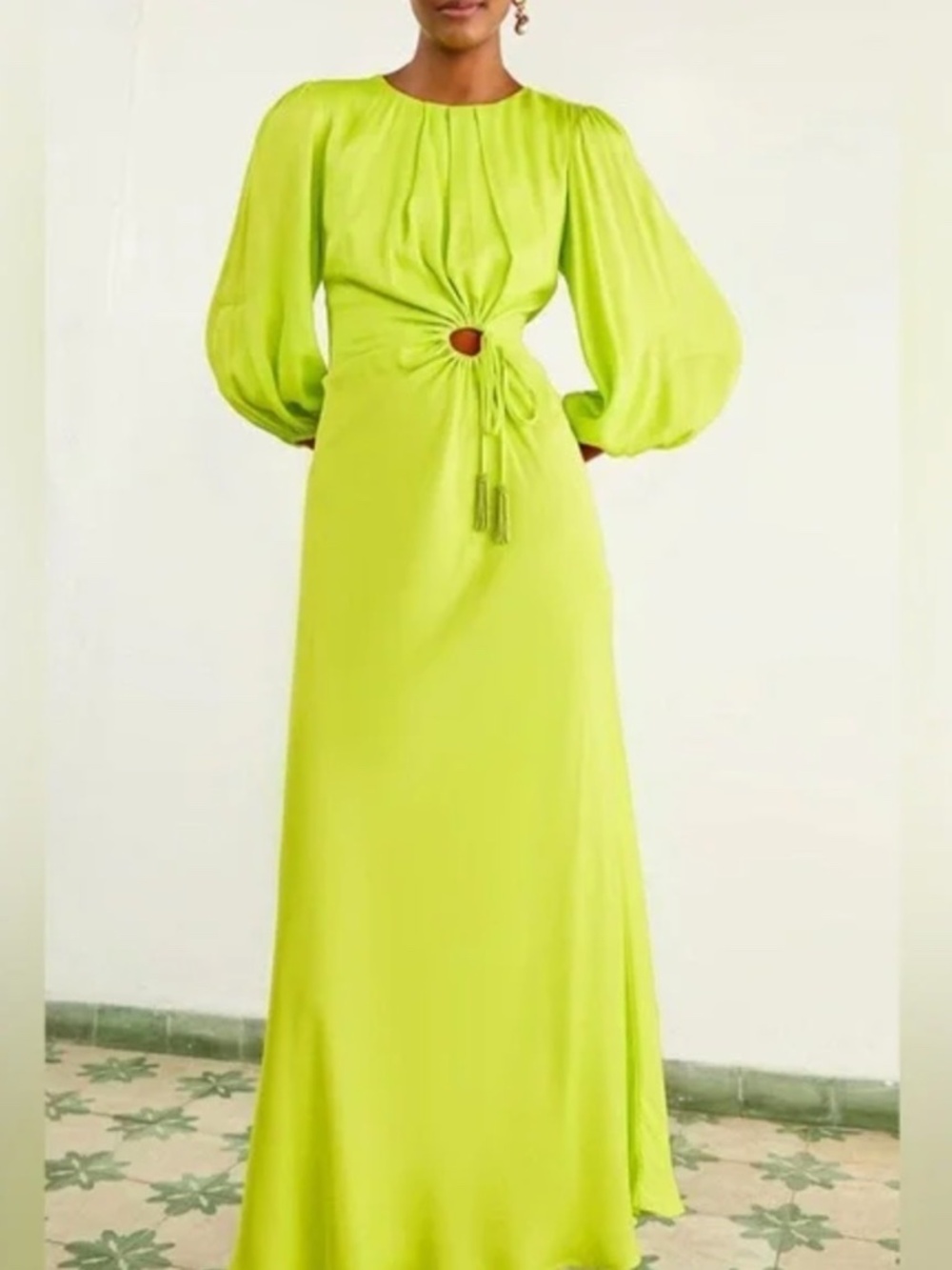 Farm Rio LIME GREEN CUTOUT TIE RUCHED MIDI DRESS size S NWOT
